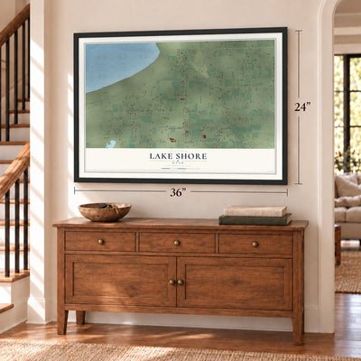 Lake Shore, Utah map, 24 x 36 inch print in a black frame above a dresser by a staircase