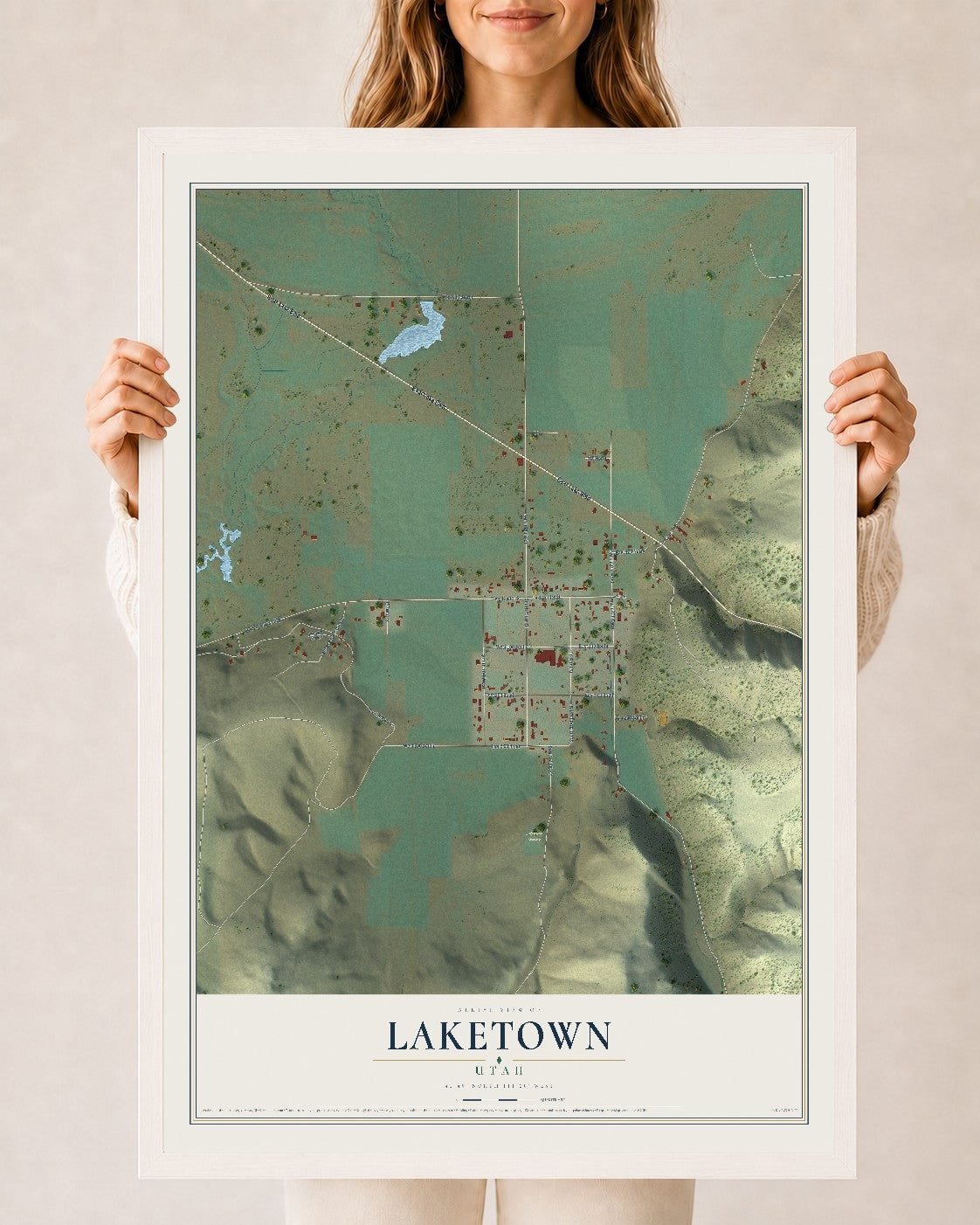 Map of Laketown, Utah, 24 x 36 inch print in a white wood frame