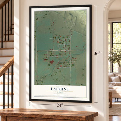 Lapoint, Utah map, 24 x 36 inch print in a black frame by a staircase