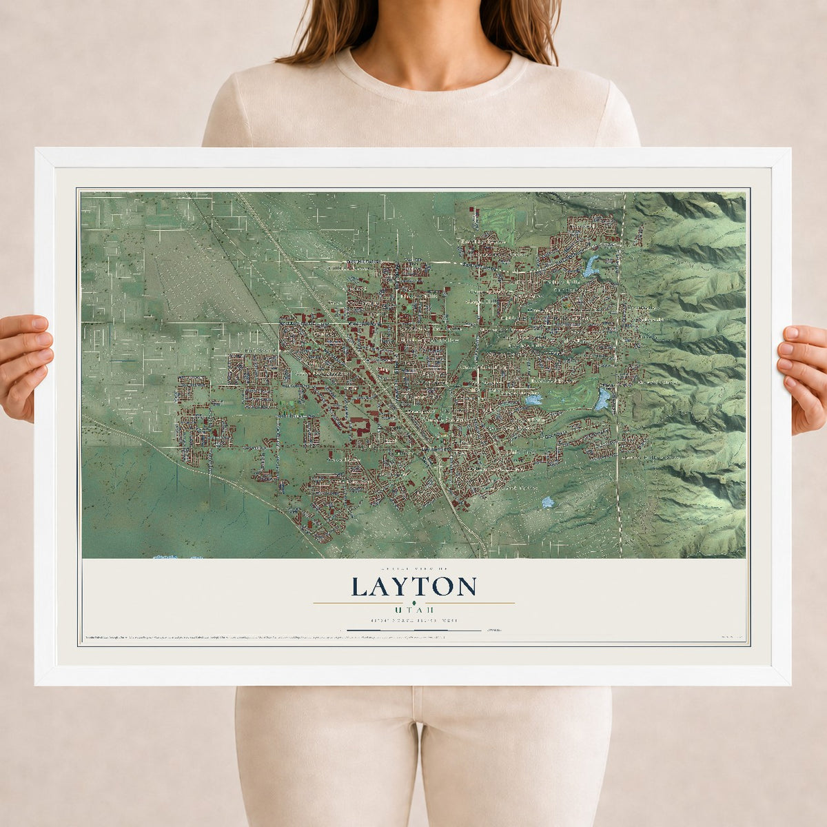 Map of Layton, Utah, 18 x 24 inch print in a white wood frame