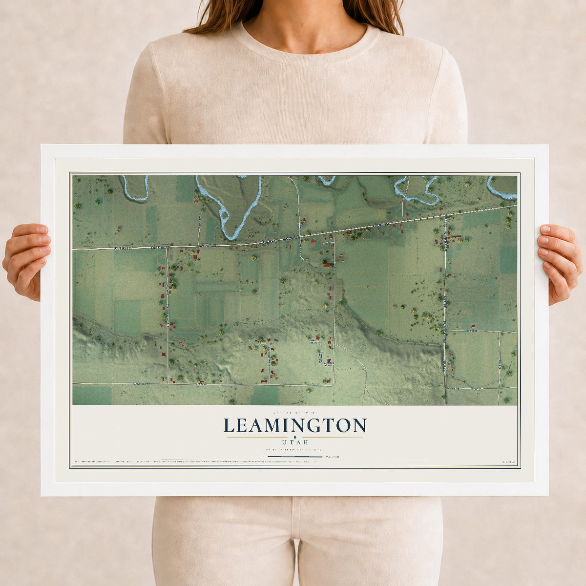 Map of Leamington, Utah, 12 x 18 inch print in a white wood frame