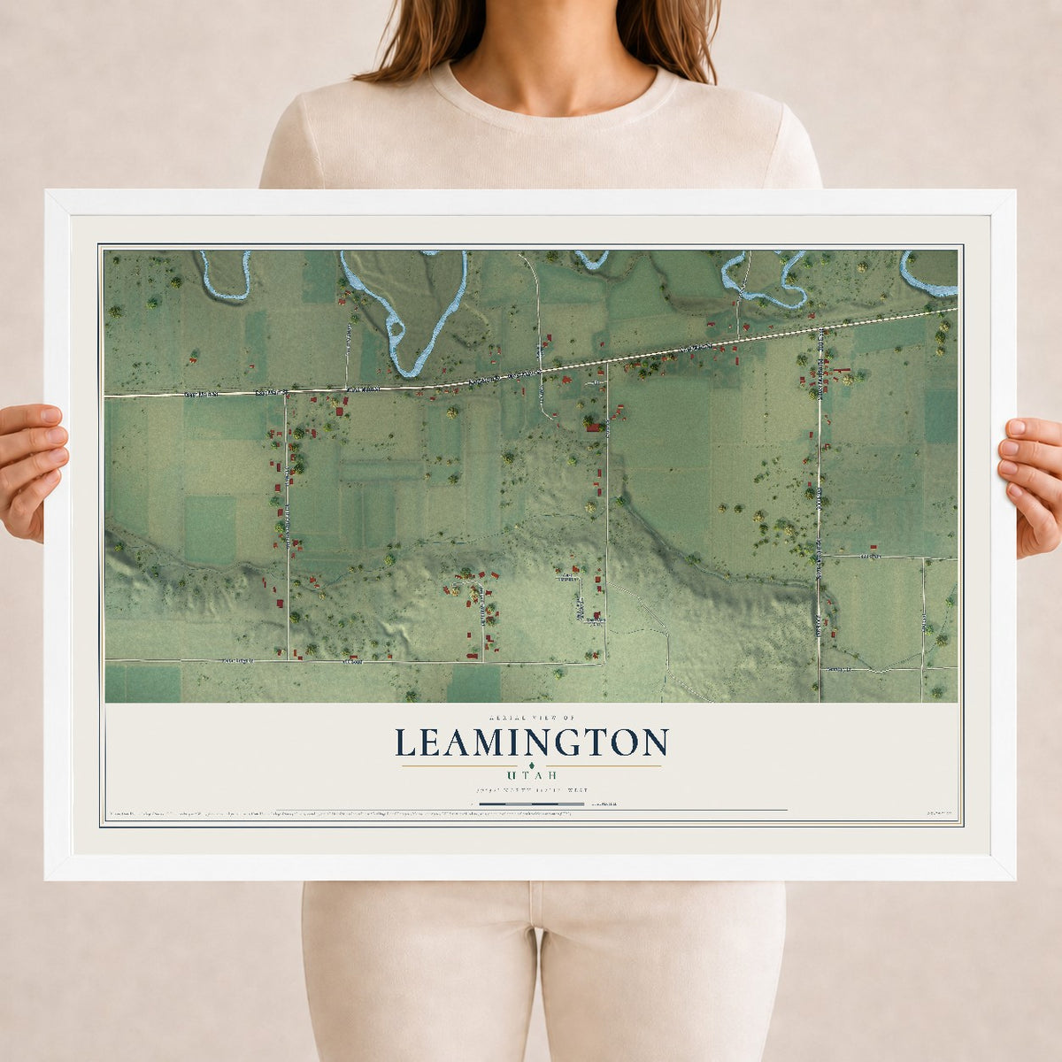 Map of Leamington, Utah, 18 x 24 inch print in a white wood frame