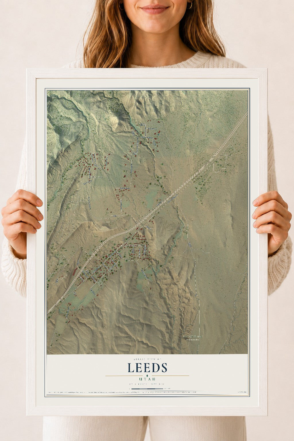Map of Leeds, Utah, 18 x 24 inch print in a white wood frame