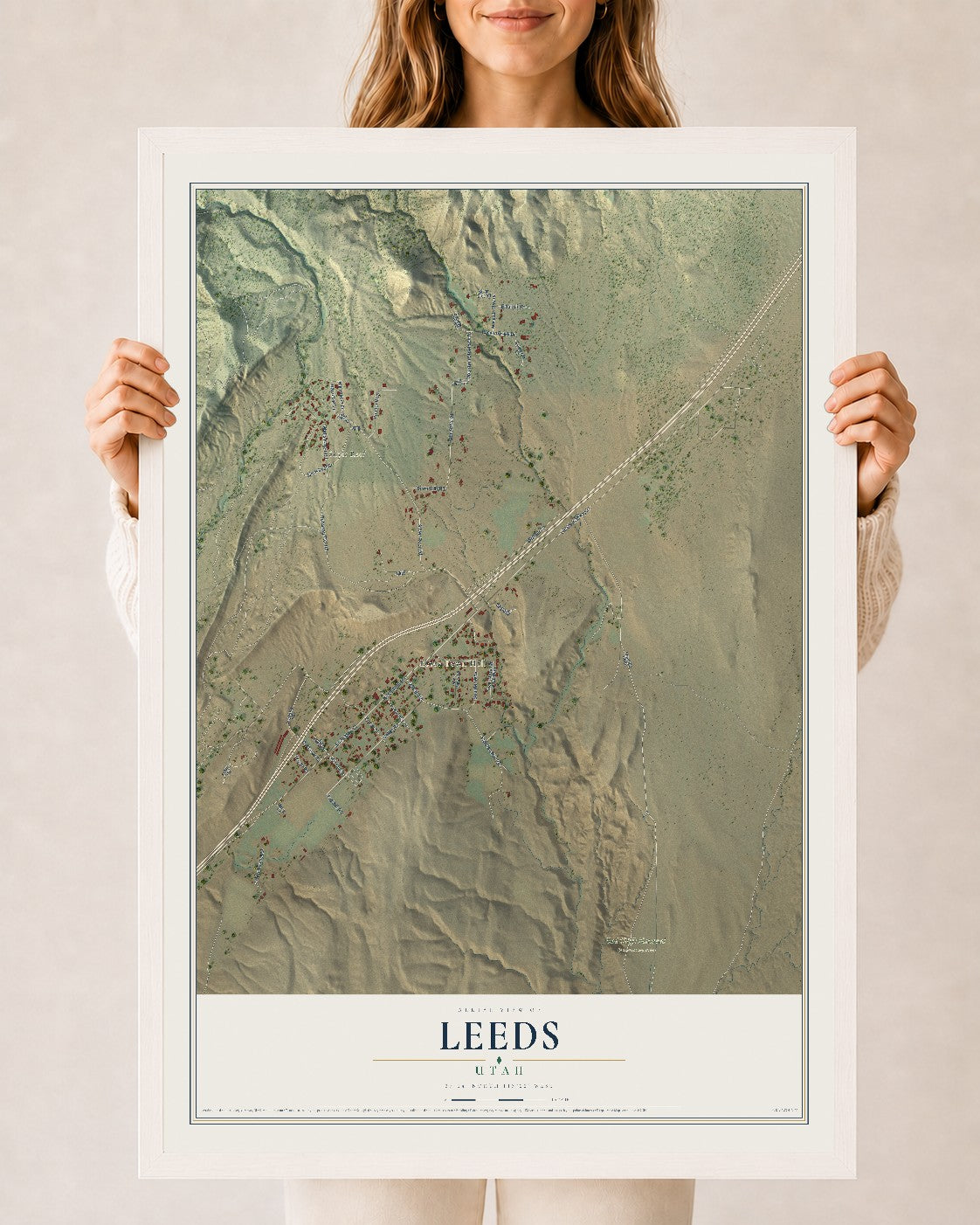 Map of Leeds, Utah, 24 x 36 inch print in a white wood frame