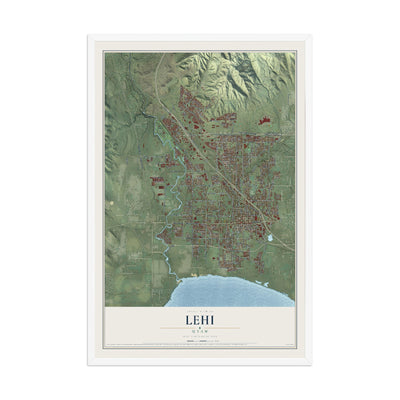Map of Lehi, Utah, 12 x 18 inch print in a white wood frame