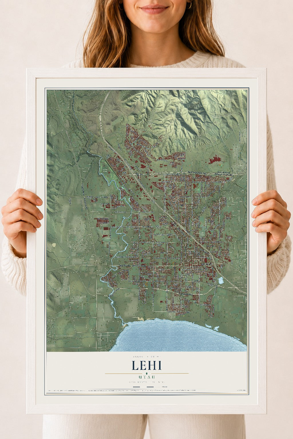 Map of Lehi, Utah, 18 x 24 inch print in a white wood frame