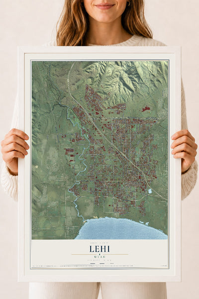 Map of Lehi, Utah, 18 x 24 inch print in a white wood frame