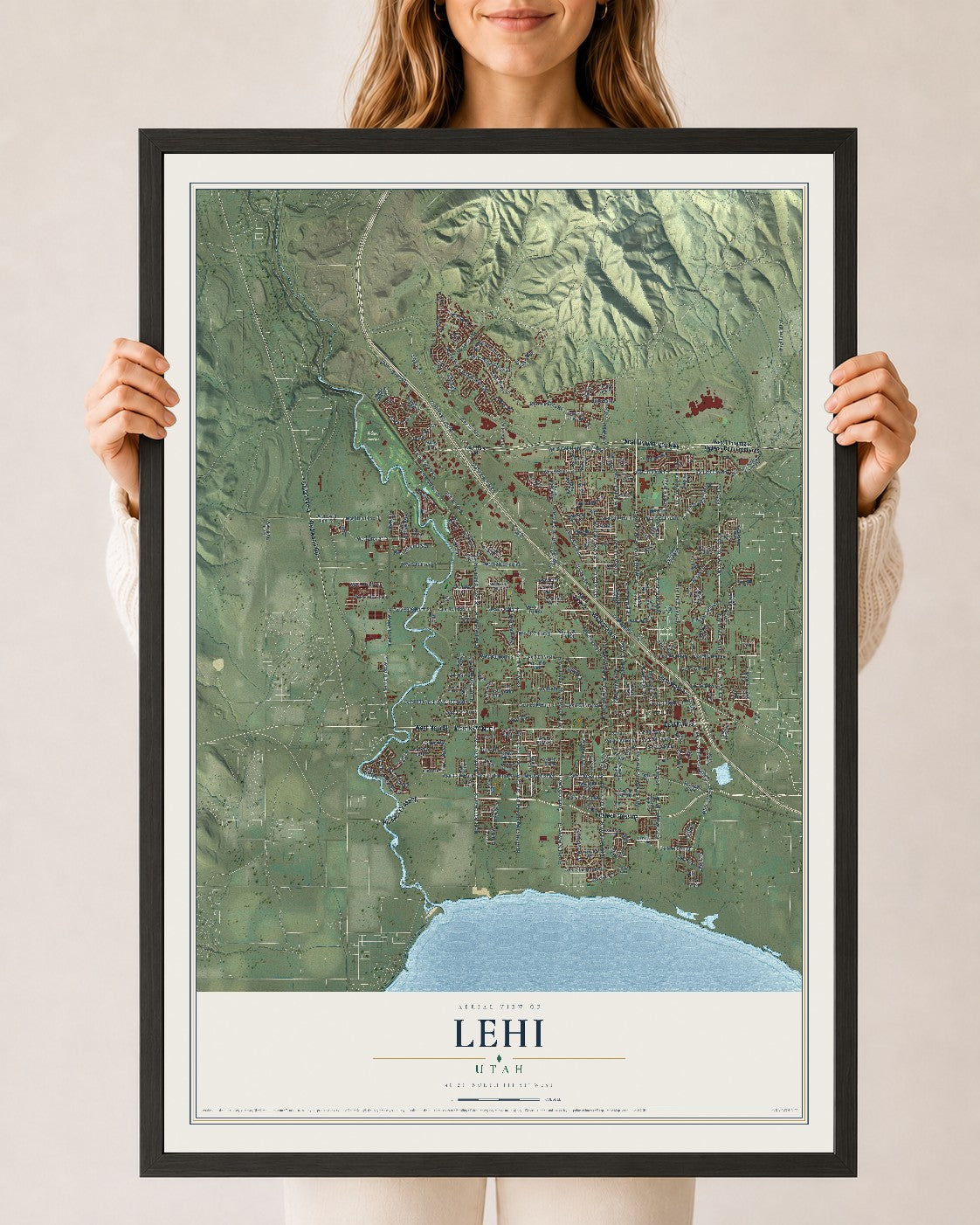 Map of Lehi, Utah, 24 x 36 inch print in a black wood frame