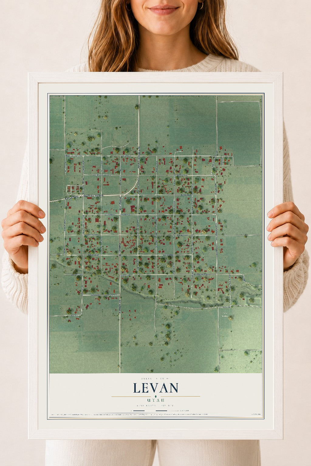 Map of Levan, Utah, 18 x 24 inch print in a white wood frame