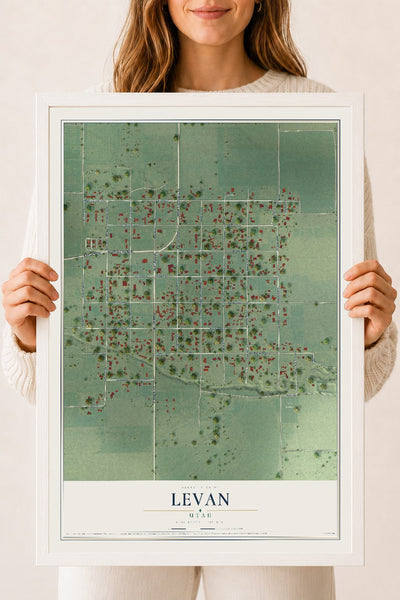 Map of Levan, Utah, 18 x 24 inch print in a white wood frame
