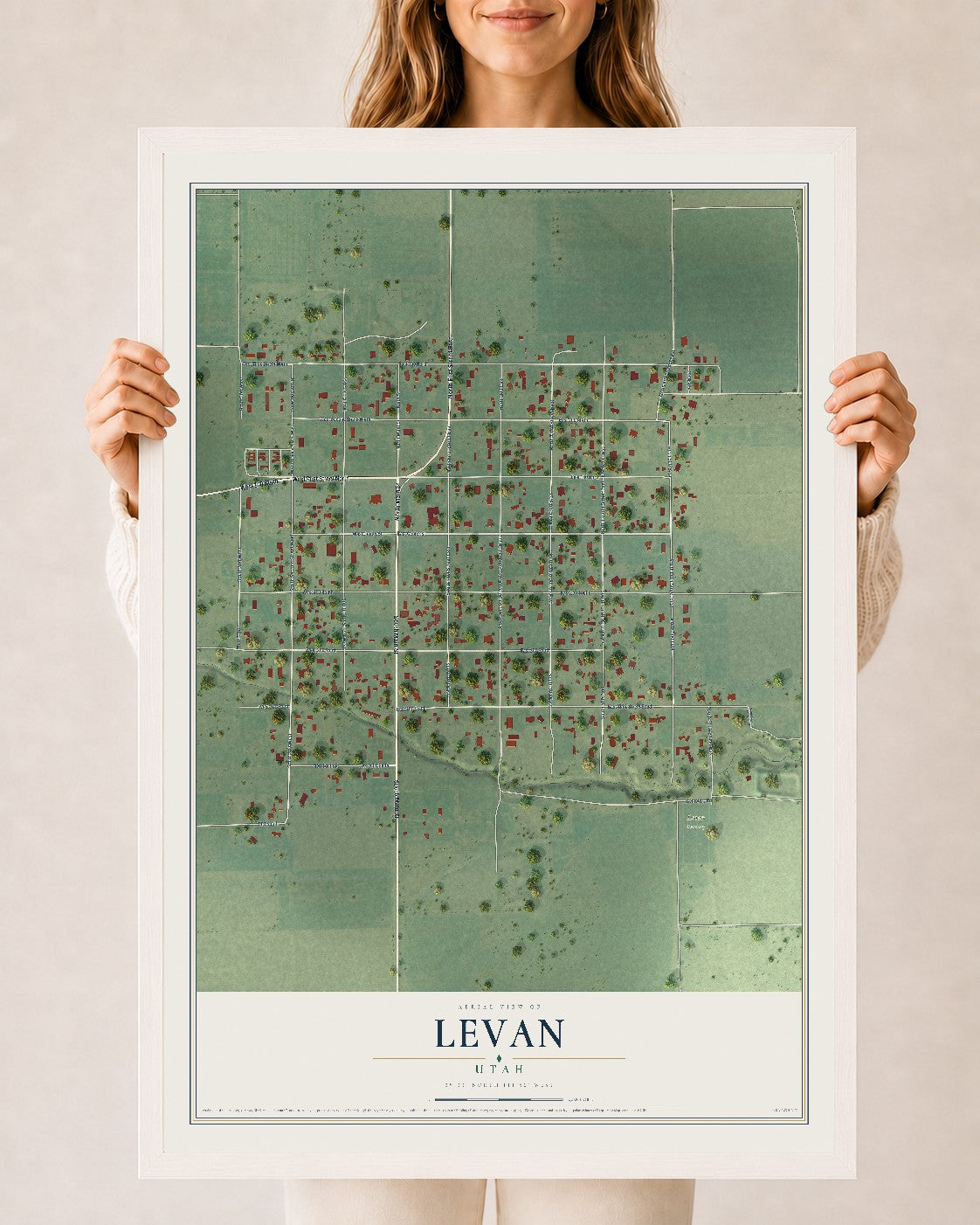 Map of Levan, Utah, 24 x 36 inch print in a white wood frame