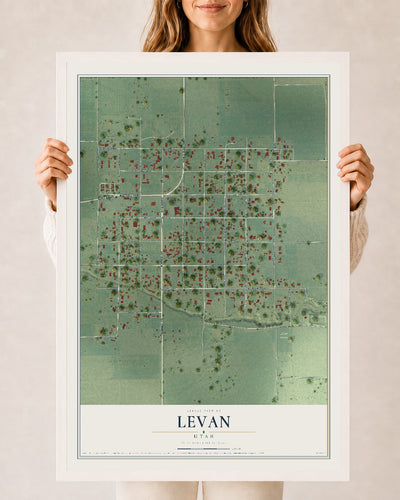 Map of Levan, Utah, 24 x 36 inch print in a white wood frame