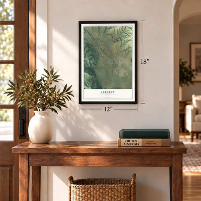 Liberty, Utah map, 12 x 18 inch print in a black frame in an entryway