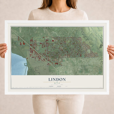 Map of Lindon, Utah, 18 x 24 inch print in a white wood frame
