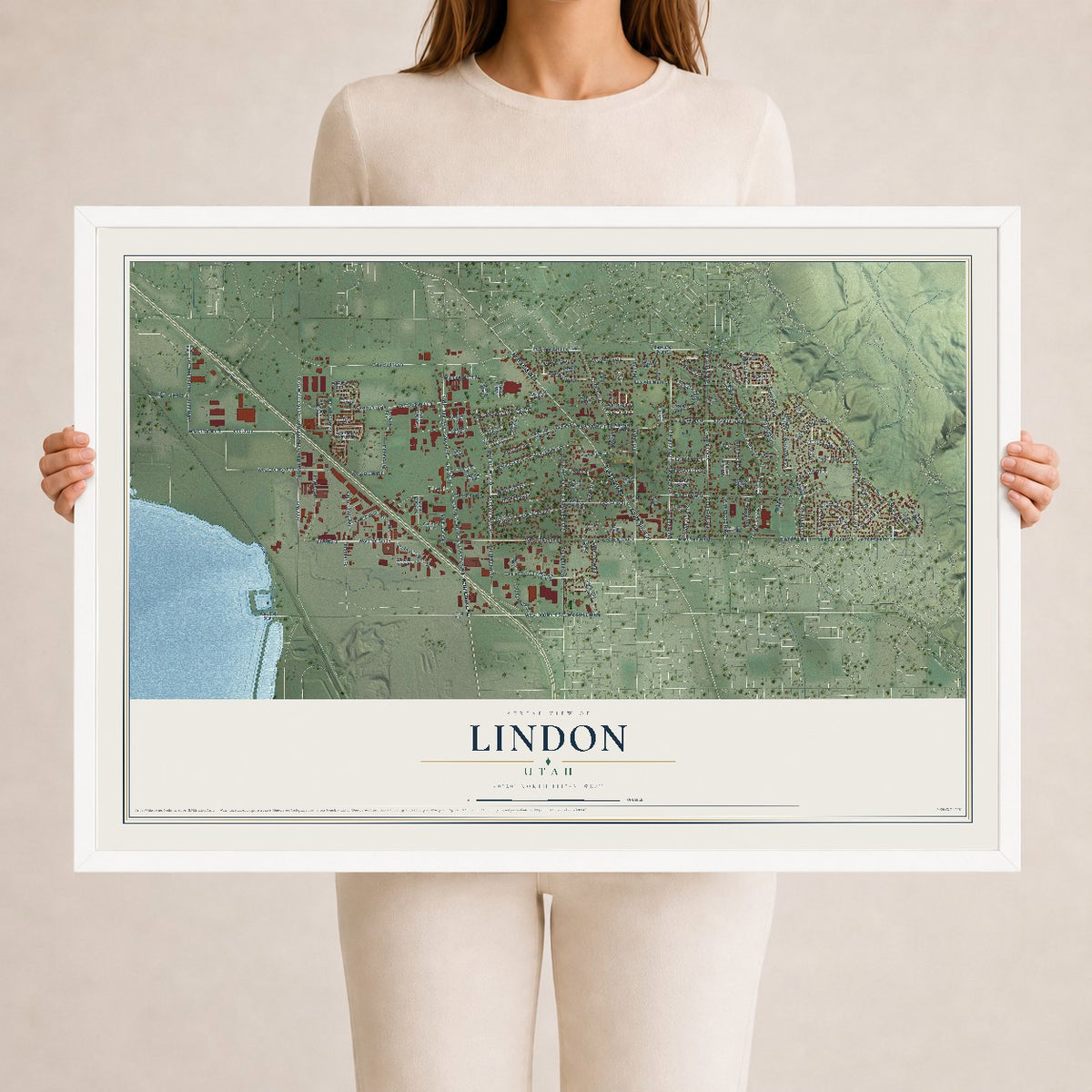 Map of Lindon, Utah, 24 x 36 inch print in a white wood frame