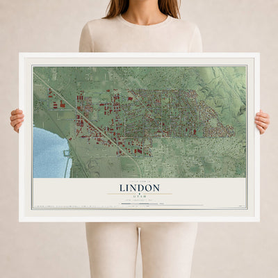 Map of Lindon, Utah, 24 x 36 inch print in a white wood frame