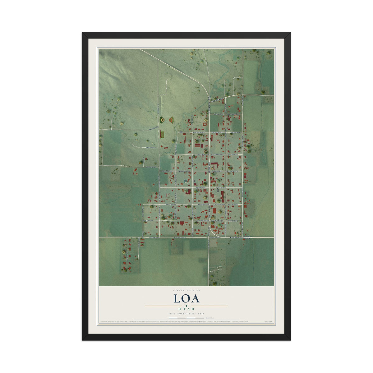 Map of Loa, Utah, 12 x 18 inch print in a black wood frame