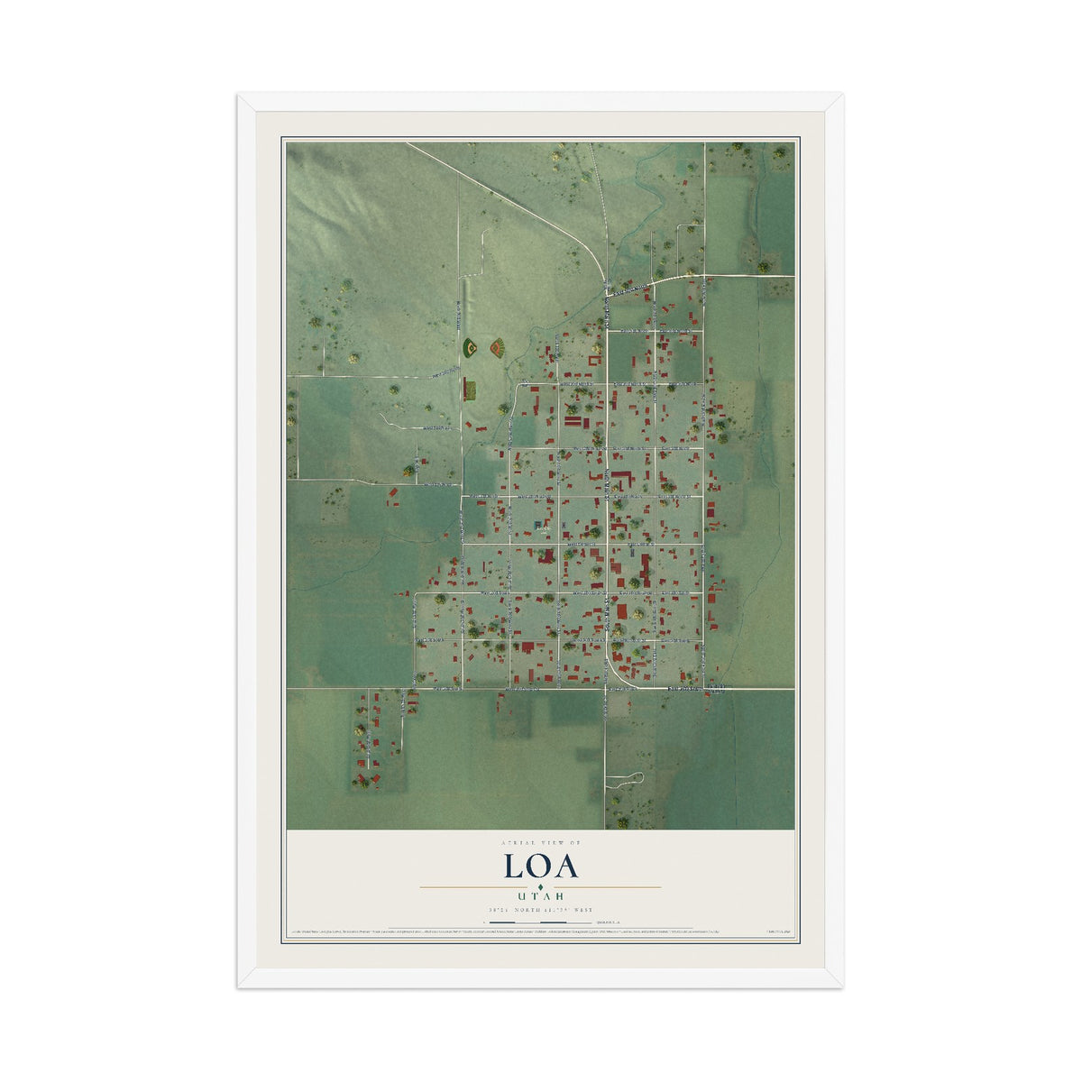Map of Loa, Utah, 12 x 18 inch print in a white wood frame