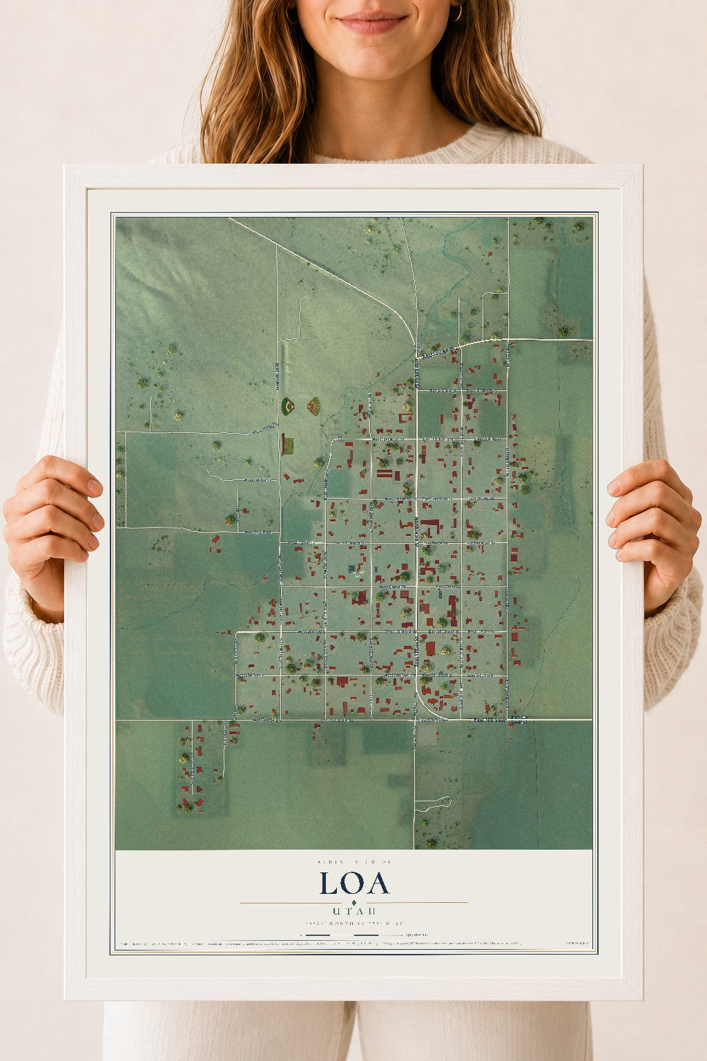Map of Loa, Utah, 18 x 24 inch print in a white wood frame