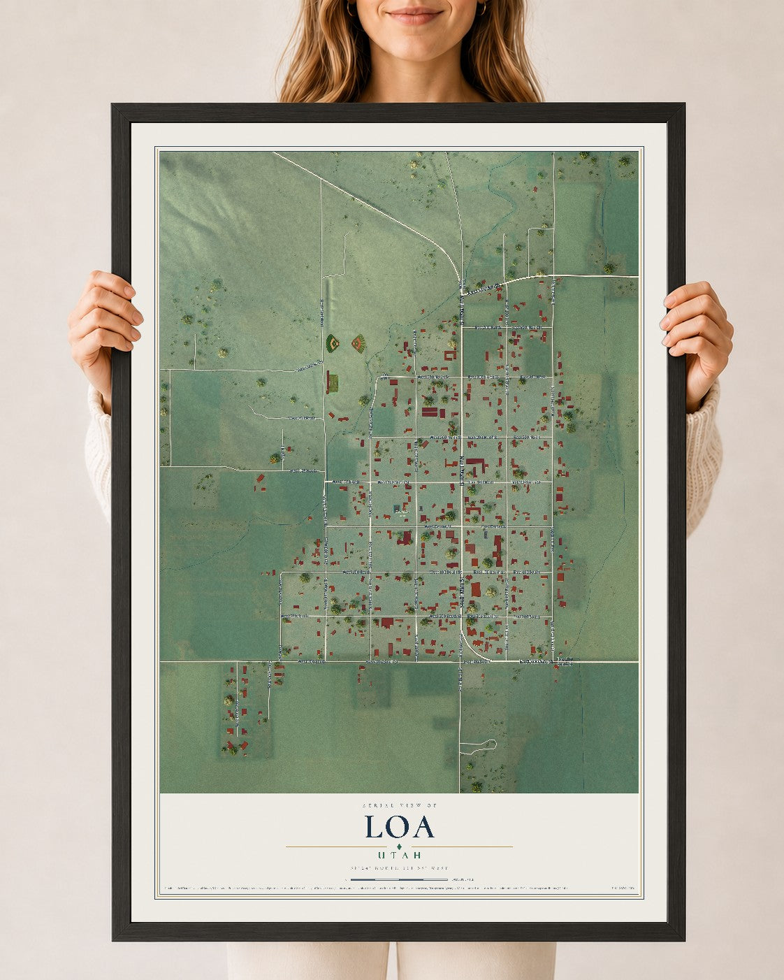 Map of Loa, Utah, 24 x 36 inch print in a black wood frame
