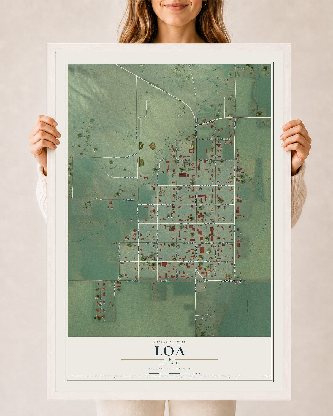 Map of Loa, Utah, 24 x 36 inch print in a white wood frame