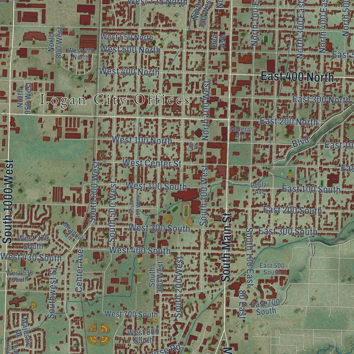 Close-up of the map of Logan, Utah print showing street and building detail