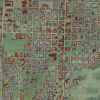 Close-up of the map of Logan, Utah print showing street and building detail