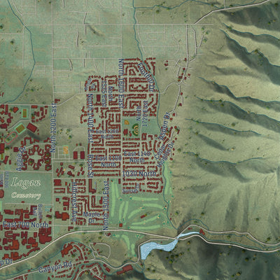 Second close-up of the map of Logan, Utah print showing more streets and buildings