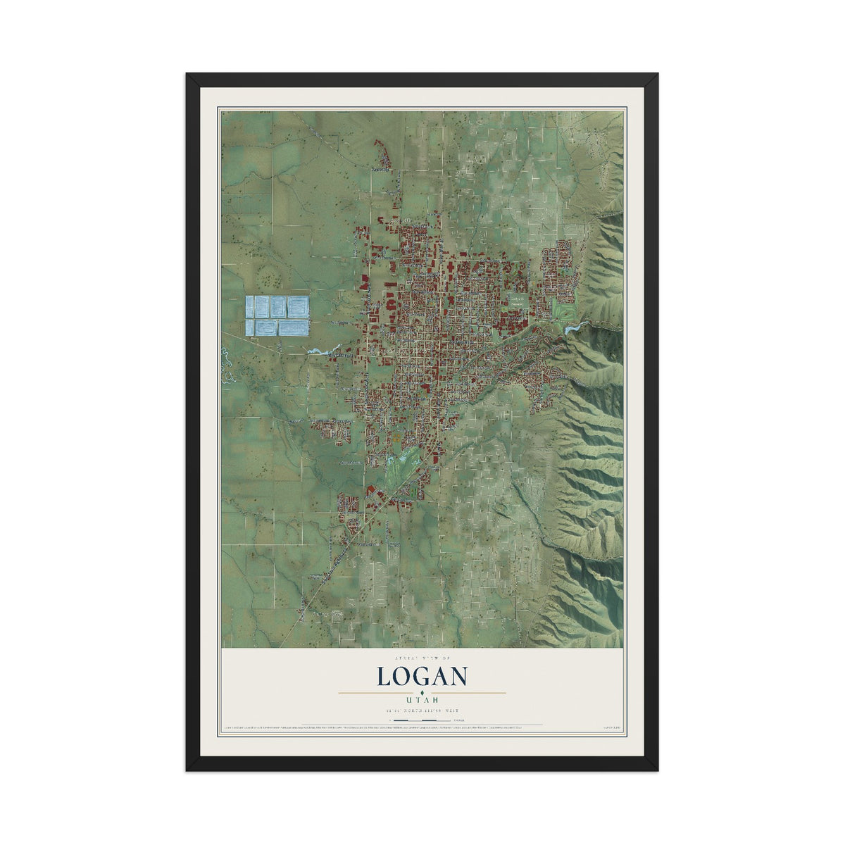 Map of Logan, Utah, 12 x 18 inch print in a black wood frame
