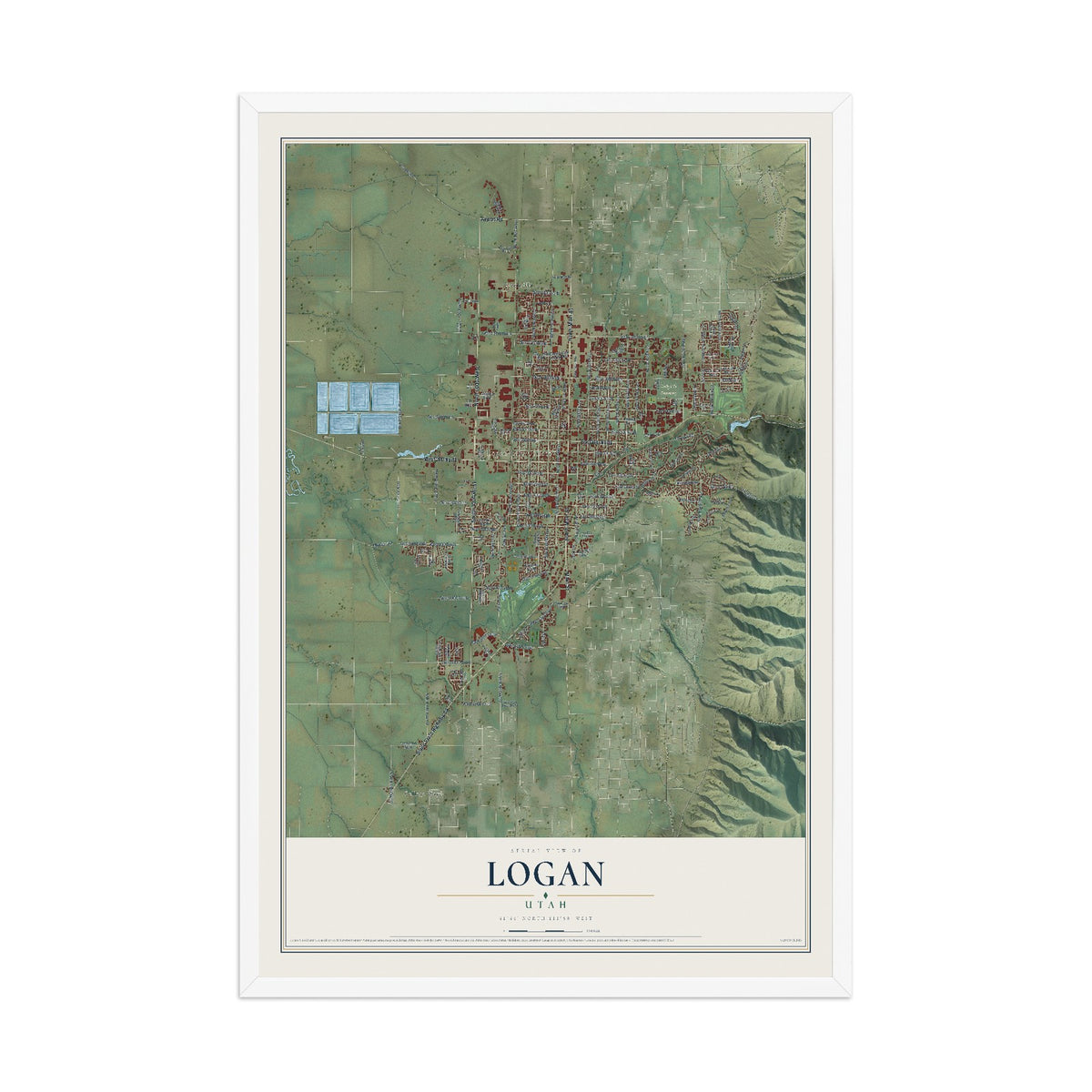 Map of Logan, Utah, 12 x 18 inch print in a white wood frame