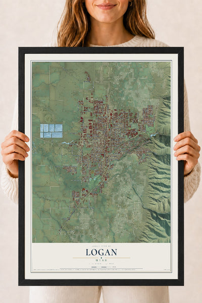 Map of Logan, Utah, 18 x 24 inch print in a black wood frame