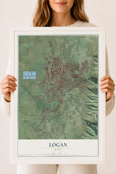 Map of Logan, Utah, 18 x 24 inch print in a white wood frame