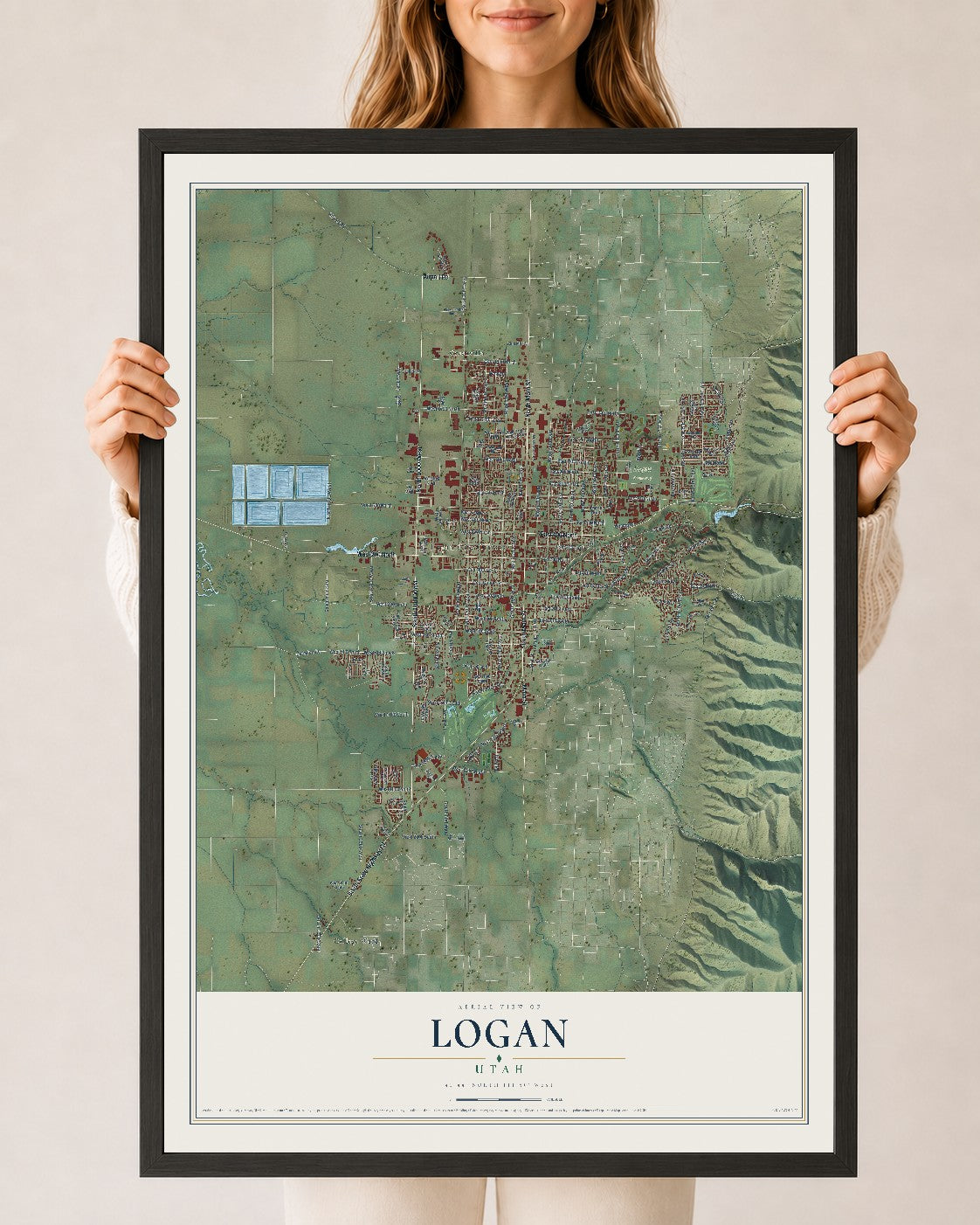 Map of Logan, Utah, 24 x 36 inch print in a black wood frame