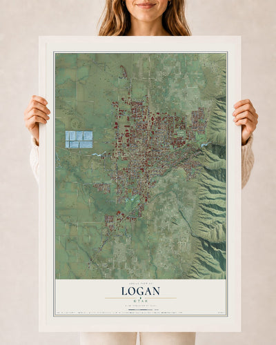 Map of Logan, Utah, 24 x 36 inch print in a white wood frame