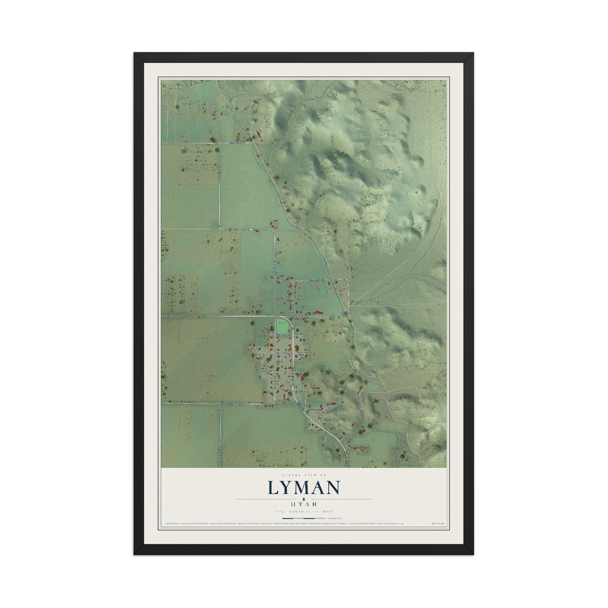 Map of Lyman, Utah, 12 x 18 inch print in a black wood frame