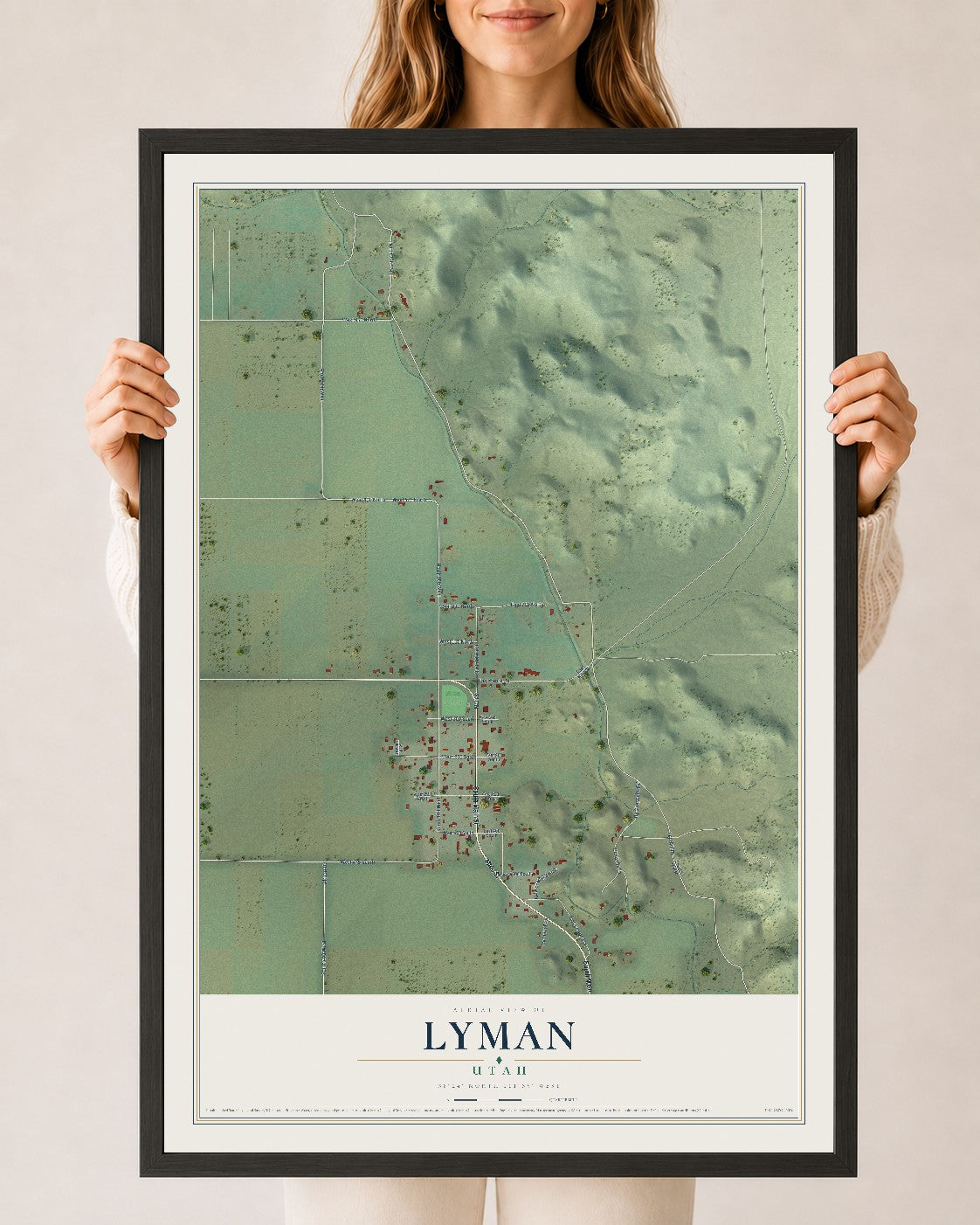 Map of Lyman, Utah, 24 x 36 inch print in a black wood frame