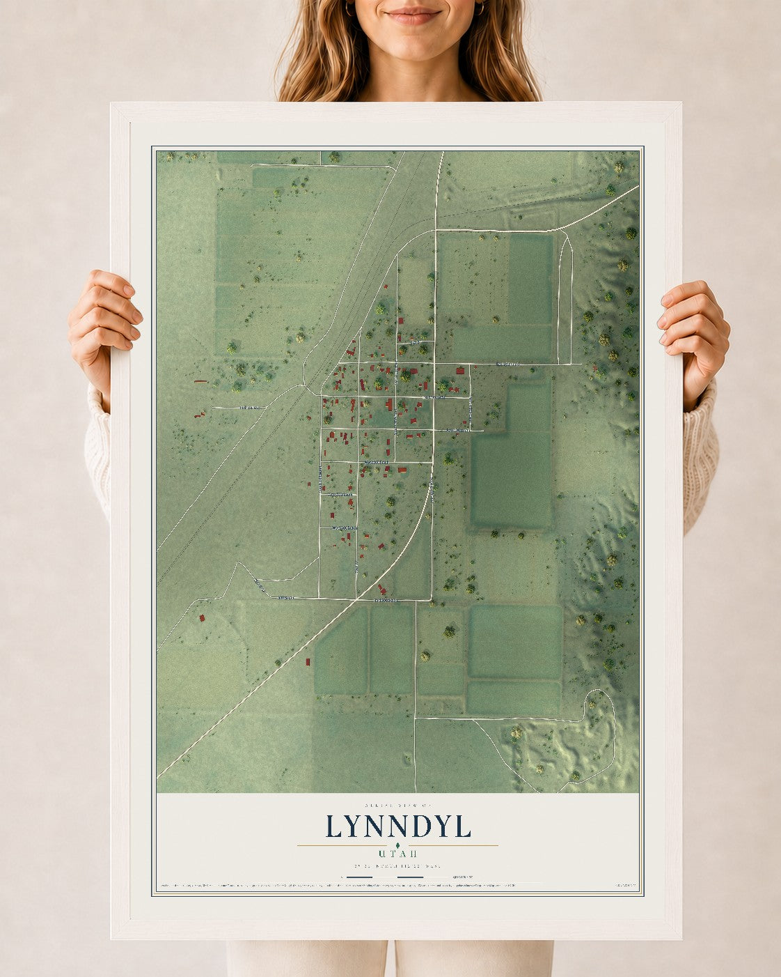 Map of Lynndyl, Utah, 24 x 36 inch print in a white wood frame