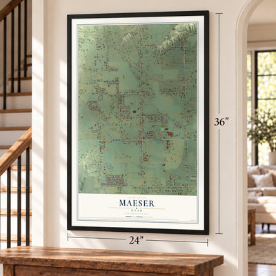Maeser, Utah map, 24 x 36 inch print in a black frame by a staircase