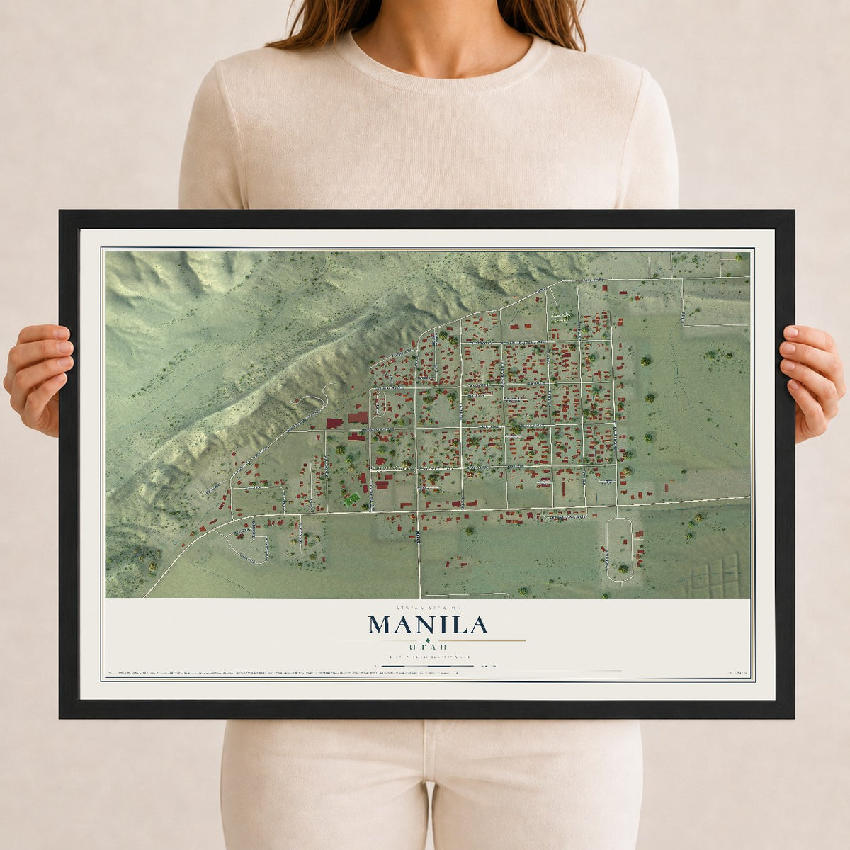 Map of Manila, Utah, 12 x 18 inch print in a black wood frame