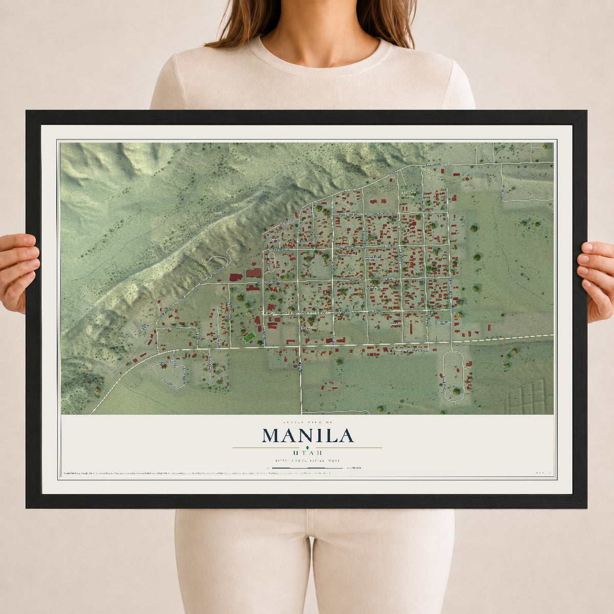 Map of Manila, Utah, 18 x 24 inch print in a black wood frame