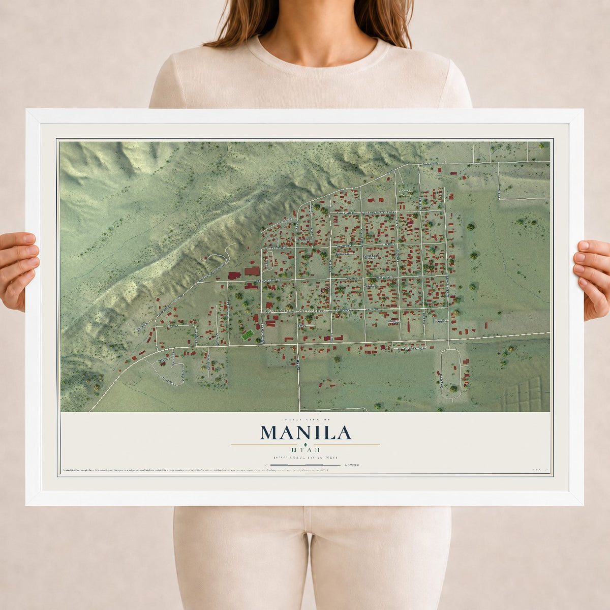 Map of Manila, Utah, 18 x 24 inch print in a white wood frame