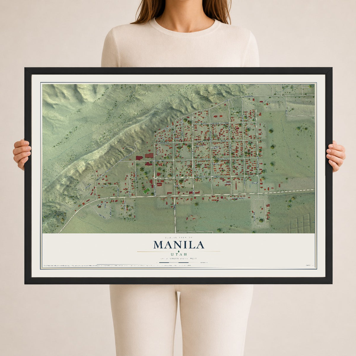 Map of Manila, Utah, 24 x 36 inch print in a black wood frame
