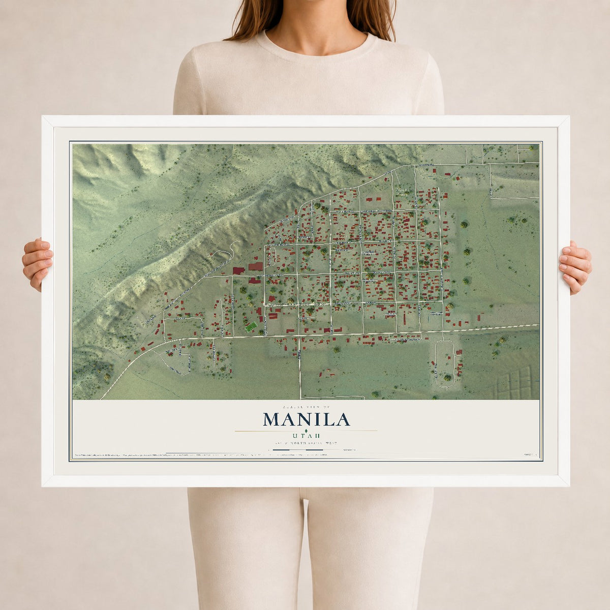Map of Manila, Utah, 24 x 36 inch print in a white wood frame
