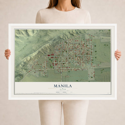 Map of Manila, Utah, 24 x 36 inch print in a white wood frame