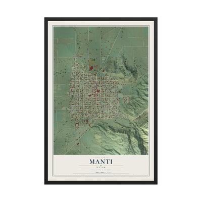 Map of Manti, Utah, 12 x 18 inch print in a black wood frame