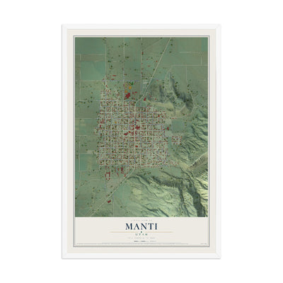 Map of Manti, Utah, 12 x 18 inch print in a white wood frame