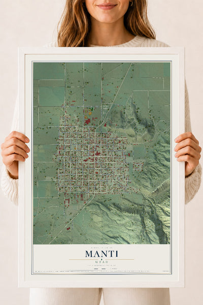 Map of Manti, Utah, 18 x 24 inch print in a white wood frame