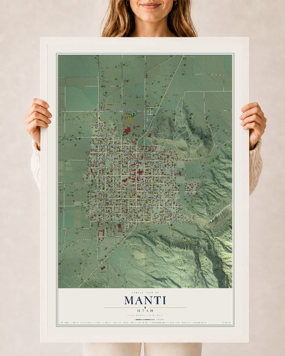 Map of Manti, Utah, 24 x 36 inch print in a white wood frame
