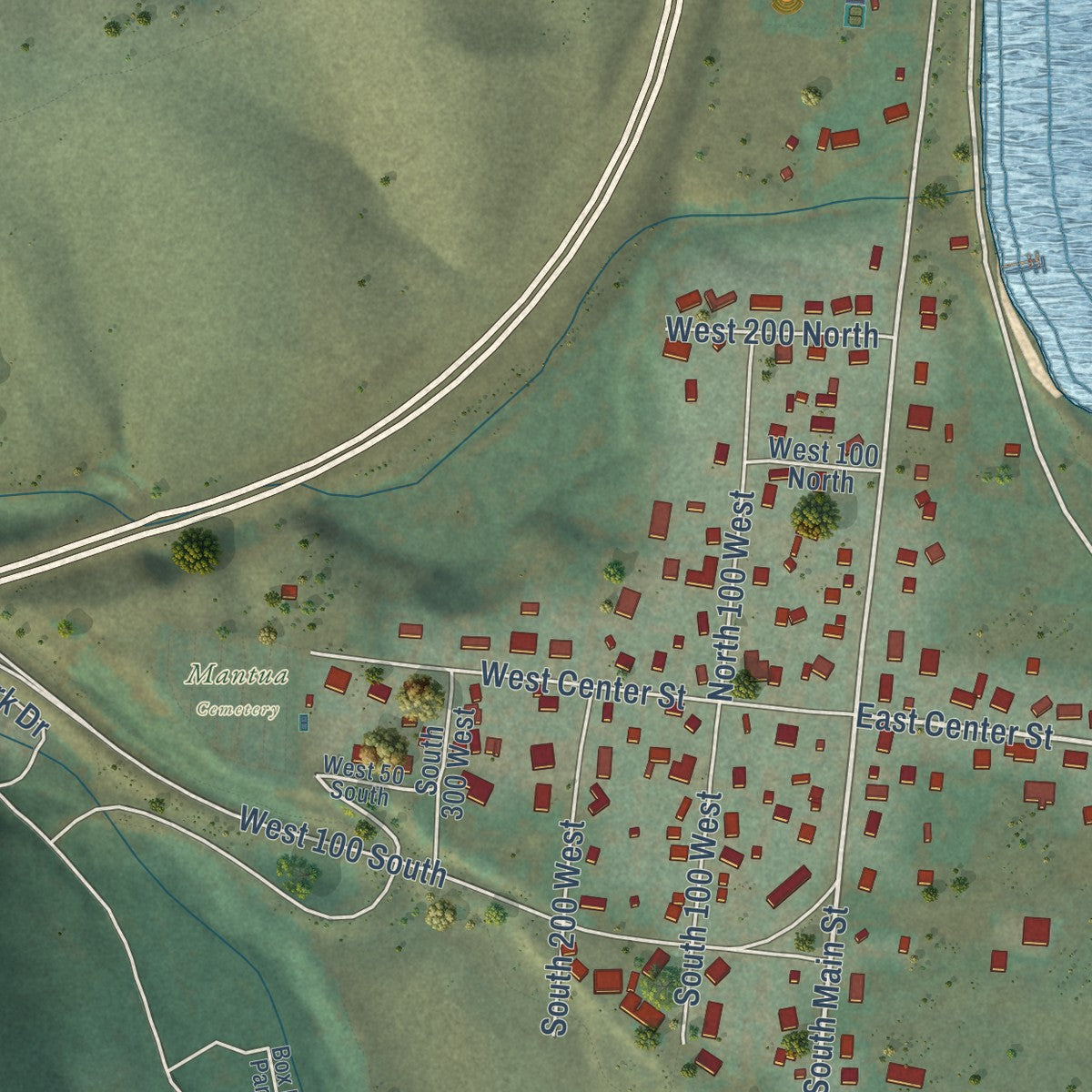 Second close-up of the map of Mantua, Utah print showing more streets and buildings