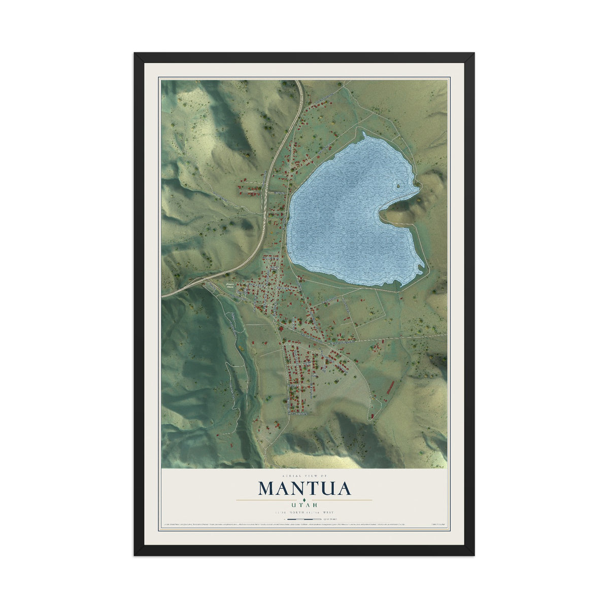 Map of Mantua, Utah, 12 x 18 inch print in a black wood frame